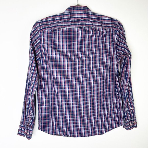 Untuckit Cormons Button Down Shirt Mens Size Large Red White Blue Plaid Slim Fit - Picture 9 of 10